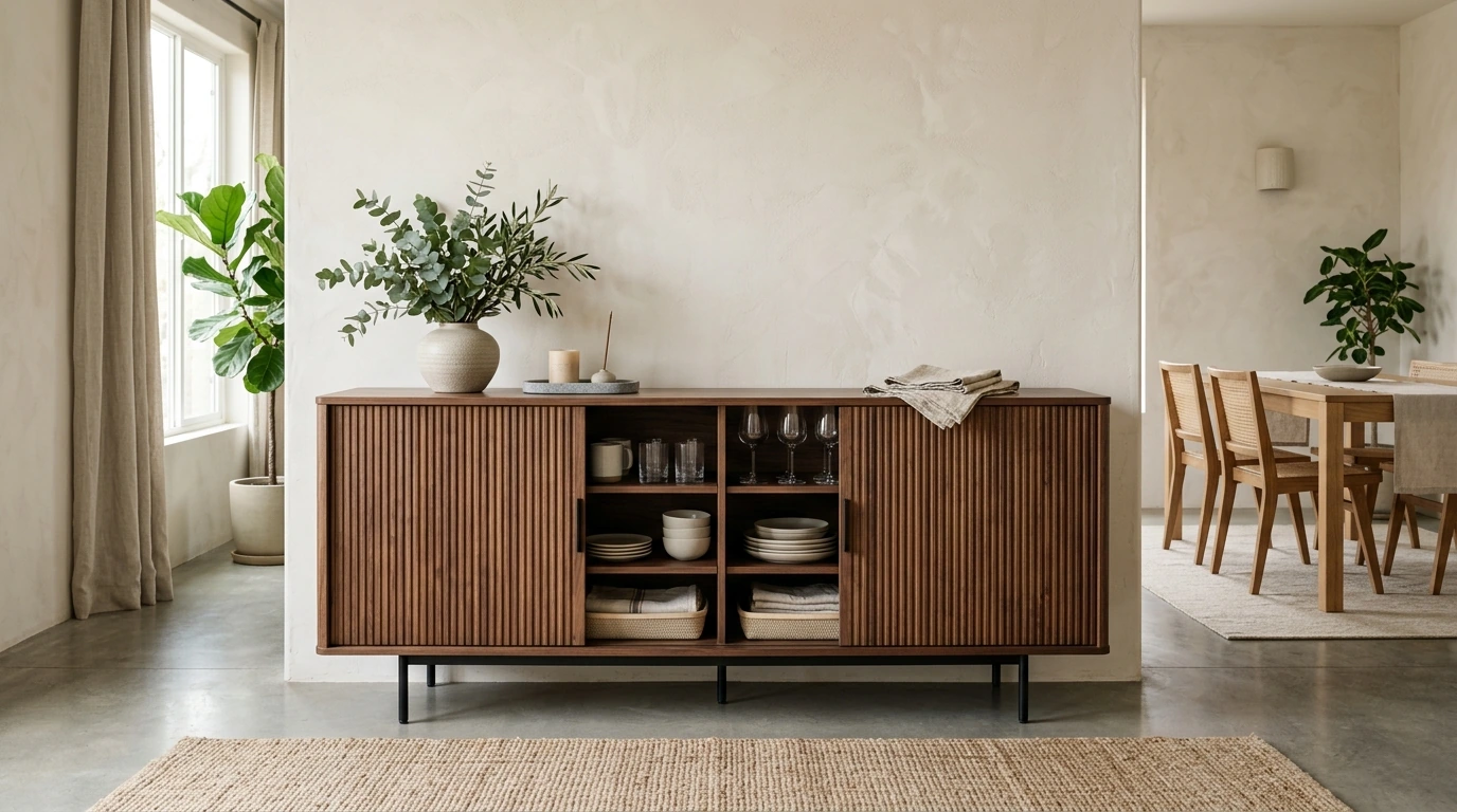 53" Walnut Fluted Sliding Door Sideboard: Modern Storage